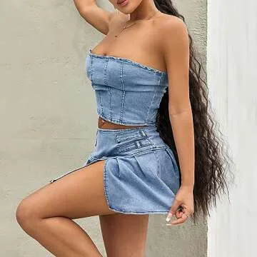 Infunfany Women Sexy Two Piece Skirt Set Cropped Strapless Tube Top and Skirt Set Summer Beach Party Club Outfit (Denim Blue, S)