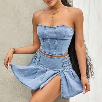 Infunfany Women Sexy Two Piece Skirt Set Cropped Strapless Tube Top and Skirt Set Summer Beach Party Club Outfit (Denim Blue, S)