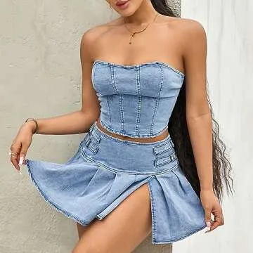Infunfany Women Sexy Two Piece Skirt Set Cropped Strapless Tube Top and Skirt Set Summer Beach Party Club Outfit (Denim Blue, S)