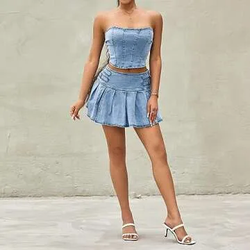 Infunfany Women Sexy Two Piece Skirt Set Cropped Strapless Tube Top and Skirt Set Summer Beach Party Club Outfit (Denim Blue, S)
