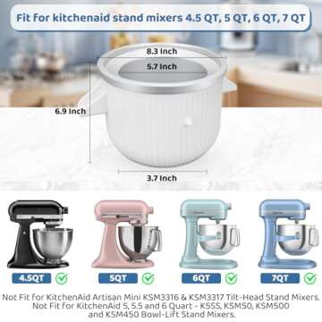 Ice Cream Maker Attachment for KitchenAid Stand Mixer, 2 Quart Frozen Yogurt Ice Cream & Sorbet Gelato Maker Bowl Fits for 4.5 Qt and Larger Stand Mixers, Not for Artisan Mini 3.5Qt Mixer