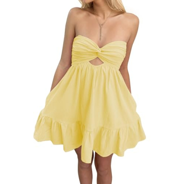 Meladyan Women’s Twist Knot Bandeau Tube Dress Solid Strapless Backless Mini Dresses Summer Hollow Ruffle Beach Dress Yellow