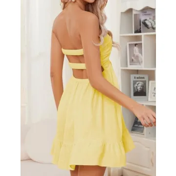Meladyan Women’s Twist Knot Bandeau Tube Dress Solid Strapless Backless Mini Dresses Summer Hollow Ruffle Beach Dress Yellow