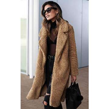 Angashion Women's Fuzzy Fleece Lapel Open Front Long Cardigan Coat Faux Fur Warm Winter Outwear Jackets Dark Camel L