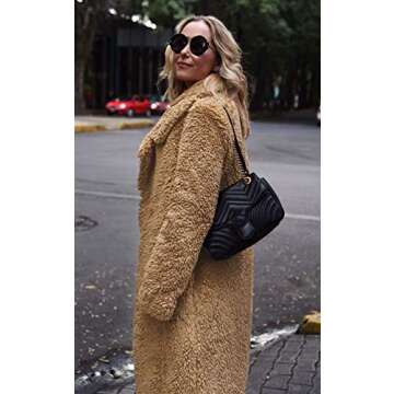 Angashion Women's Fuzzy Fleece Lapel Open Front Long Cardigan Coat Faux Fur Warm Winter Outwear Jackets Dark Camel L