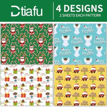 Dtiafu African American Christmas Wrapping Paper Black Santa Gift Wrap Paper Bulk Cute Xmas Designs for Black People Holiday Birthday - 20 x 28 Inch Per Sheet (8 Sheet)