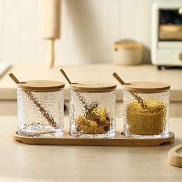 Condiment Canisters sets for the Kitchen, Salt and Sugar Containers Sets for Countertop, Seasoning Box with Wooden Spoon Bamboo Lid and Tray, Condiment Containers with Lids, Sugar Bowl with Lid
