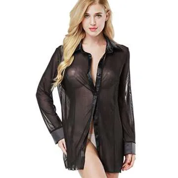 ETAOLINE Women's Sexy Sheer Sleepshirt Pajamas Long Sleeve Mesh Blouse Lingerie Black Large