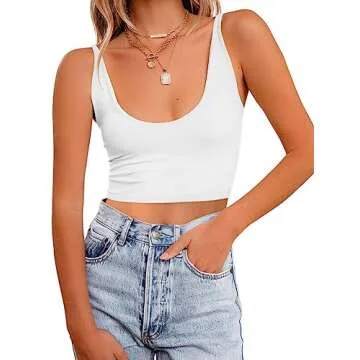 REORIA Women's Summer Sexy Casual Deep Scoop Neck Double Lined Adjustable Spaghetti Strap Cami Camisole Seamless Sleeveless Cropped Tank Top Basic Yoga Crop Tops Plus Size White Large
