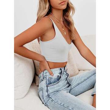 REORIA Women's Summer Sexy Casual Deep Scoop Neck Double Lined Adjustable Spaghetti Strap Cami Camisole Seamless Sleeveless Cropped Tank Top Basic Yoga Crop Tops Plus Size White Large