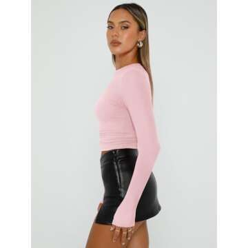 Trendy Queen Womens Long Sleeve Shirts Basic Tees Crop Tops Going Out Spring 2025 Workout Outfits Y2k Clothes Pink S