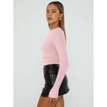 Trendy Queen Womens Long Sleeve Shirts Basic Tees Crop Tops Going Out Spring 2025 Workout Outfits Y2k Clothes Pink S