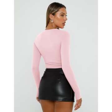 Trendy Queen Womens Long Sleeve Shirts Basic Tees Crop Tops Going Out Spring 2025 Workout Outfits Y2k Clothes Pink S