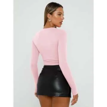 Trendy Queen Womens Long Sleeve Shirts Basic Tees Crop Tops Going Out Spring 2025 Workout Outfits Y2k Clothes Pink S