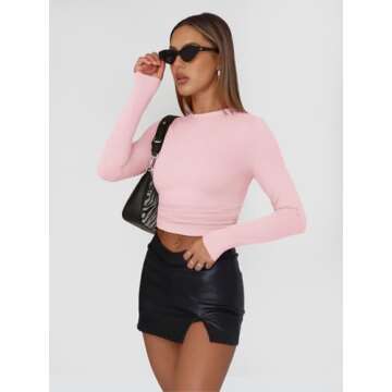 Trendy Queen Womens Long Sleeve Shirts Basic Tees Crop Tops Going Out Spring 2025 Workout Outfits Y2k Clothes Pink S
