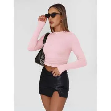 Trendy Queen Womens Long Sleeve Shirts Basic Tees Crop Tops Going Out Spring 2025 Workout Outfits Y2k Clothes Pink S