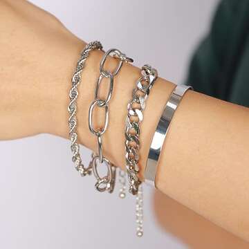 fxmimior Dainty Boho Bracelets Set for Women Adjustable Fashion Beaded Chunky Flat Cable Chain Punk Bracelets for Women Set of 4 (Silver)