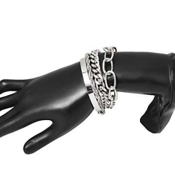 fxmimior Dainty Boho Bracelets Set for Women Adjustable Fashion Beaded Chunky Flat Cable Chain Punk Bracelets for Women Set of 4 (Silver)