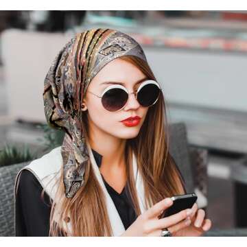 ShariRose Gray Pre-tied Headscarf Head Wear for Women Soft Cashmere Ethnic Print Collection! (Grey black beige short)