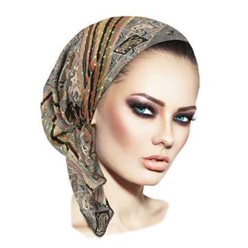ShariRose Gray Pre-tied Headscarf Head Wear for Women Soft Cashmere Ethnic Print Collection! (Grey black beige short)