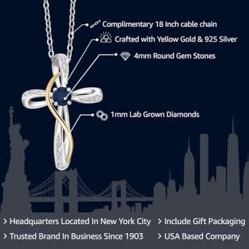 Gem Stone King Infinity Cross Necklace For Women | 925 Sterling Silver and 10K Yellow Gold | Gemstone Birthstone and White Lab Grown Diamond Cross Faith Pendant Necklace | with 18 Inch Chain
