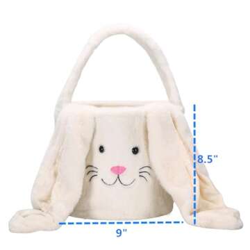 E-FirstFeeling Plush Easter Bunny Basket Easter Basket for Kids Easter Egg Hunt Basket Bunny Bucket Tote for Easter Candy Presents (Plush-White)