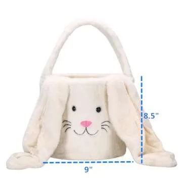 E-FirstFeeling Plush Easter Bunny Basket Easter Basket for Kids Easter Egg Hunt Basket Bunny Bucket Tote for Easter Candy Presents (Plush-White)