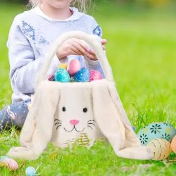 E-FirstFeeling Plush Easter Bunny Basket Easter Basket for Kids Easter Egg Hunt Basket Bunny Bucket Tote for Easter Candy Presents (Plush-White)