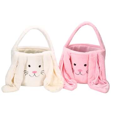 E-FirstFeeling Plush Easter Bunny Basket Easter Basket for Kids Easter Egg Hunt Basket Bunny Bucket Tote for Easter Candy Presents (Plush-White)