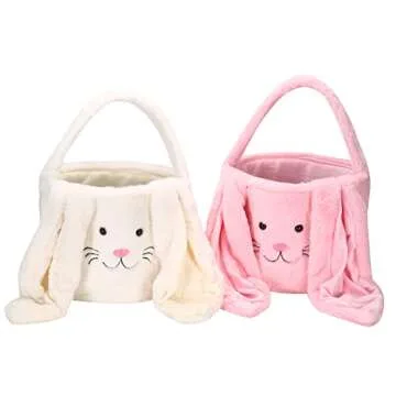 E-FirstFeeling Plush Easter Bunny Basket Easter Basket for Kids Easter Egg Hunt Basket Bunny Bucket Tote for Easter Candy Presents (Plush-White)