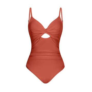 CUPSHE One Piece Swimsuit for Women Bathing Suits Twist Front Cutout Adjustable Straps Ruched Swimwear M,Mecca Orange