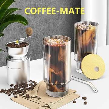 CWHHRN Glass Cups, 16OZ Vintage Glass Coffee Cups with Lids and Straws 8 Set, Vintage Glassware for Whiskey Cocktail Beer, Iced Coffee Cups with Lid, Glass Tumbler with Straw and Lid