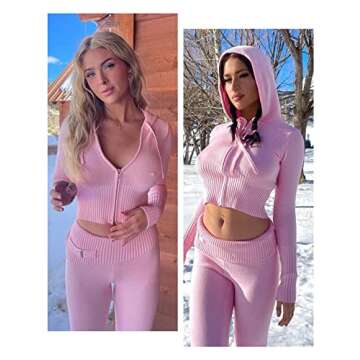 Zhiyouni Women's Kintted 2 Piece Outfits Long Sleeves Zip Up Hooded High Waist Skinny Pants Set Loungewear (Pink-S)