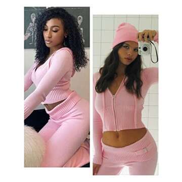 Zhiyouni Women's Kintted 2 Piece Outfits Long Sleeves Zip Up Hooded High Waist Skinny Pants Set Loungewear (Pink-S)