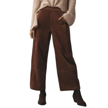 EZAPINE Women's Corduroy Pull-On Barrel Pants Wide Leg Elastic Waist Cord Pants High Rise Casual Tro...