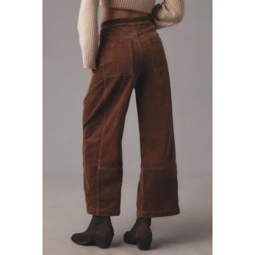 EZAPINE Women's Corduroy Pull-On Barrel Pants Wide Leg Elastic Waist Cord Pants High Rise Casual Trouser with Pockets Brown