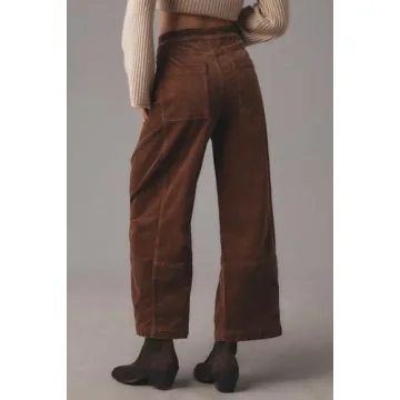 EZAPINE Women's Corduroy Pull-On Barrel Pants Wide Leg Elastic Waist Cord Pants High Rise Casual Trouser with Pockets Brown