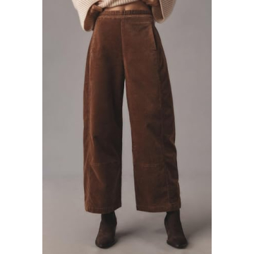 EZAPINE Women's Corduroy Pull-On Barrel Pants Wide Leg Elastic Waist Cord Pants High Rise Casual Trouser with Pockets Brown