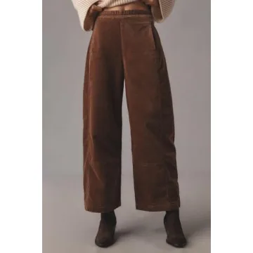 EZAPINE Women's Corduroy Pull-On Barrel Pants Wide Leg Elastic Waist Cord Pants High Rise Casual Trouser with Pockets Brown