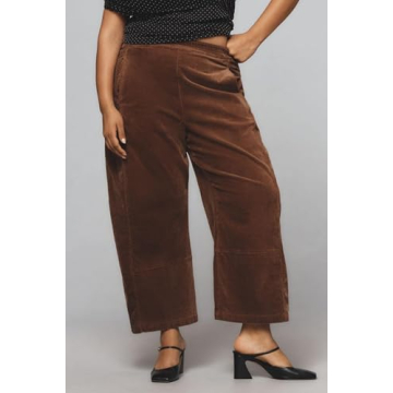 EZAPINE Women's Corduroy Pull-On Barrel Pants Wide Leg Elastic Waist Cord Pants High Rise Casual Trouser with Pockets Brown
