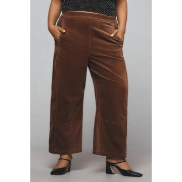 EZAPINE Women's Corduroy Pull-On Barrel Pants Wide Leg Elastic Waist Cord Pants High Rise Casual Trouser with Pockets Brown