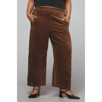 EZAPINE Women's Corduroy Pull-On Barrel Pants Wide Leg Elastic Waist Cord Pants High Rise Casual Trouser with Pockets Brown