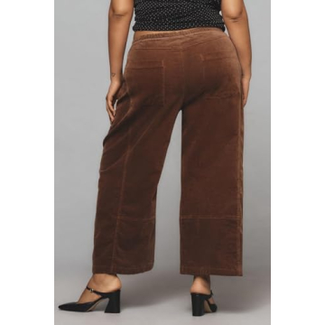 EZAPINE Women's Corduroy Pull-On Barrel Pants Wide Leg Elastic Waist Cord Pants High Rise Casual Trouser with Pockets Brown