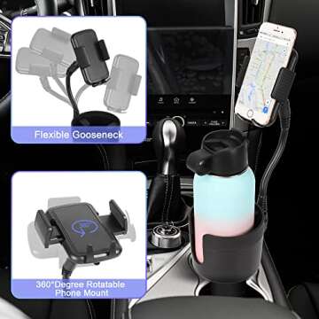 Beeyonto Car Cup Holder Expander Adapter with Phone Holder, 2 in 1 Multifunctional Cup Holder Phone Mount 360° Rotation, Universal for Most Phones, Oversize 32-40 oz Bottles or Mugs