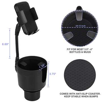 Beeyonto Car Cup Holder Expander Adapter with Phone Holder, 2 in 1 Multifunctional Cup Holder Phone Mount 360° Rotation, Universal for Most Phones, Oversize 32-40 oz Bottles or Mugs