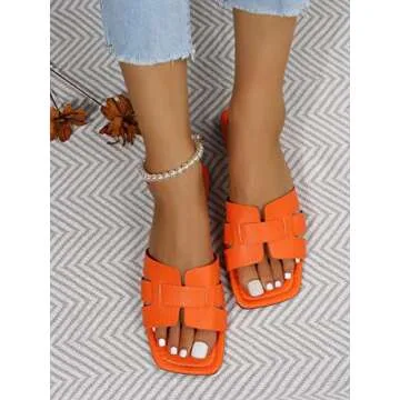 GORGLITTER Flat H-Band Slide Sandal Cut Out Comfort Slip on Shoes Orange CN39
