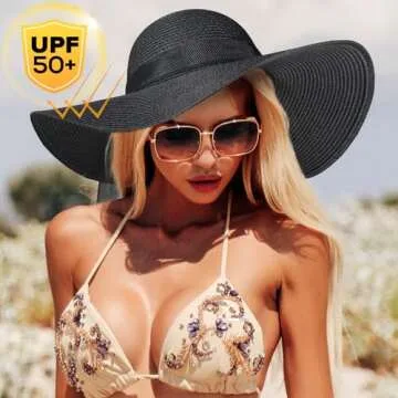 Beach Hats for Women, Straw Sun Hat with Wide Brim, Summer Floppy Beach Hats for Women, Packable Floppy Straw Garden Hat Black