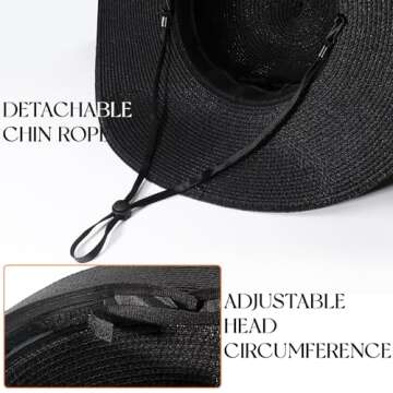 Beach Hats for Women, Straw Sun Hat with Wide Brim, Summer Floppy Beach Hats for Women, Packable Floppy Straw Garden Hat Black