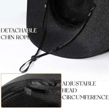 Beach Hats for Women, Straw Sun Hat with Wide Brim, Summer Floppy Beach Hats for Women, Packable Floppy Straw Garden Hat Black