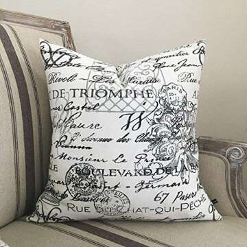 Athena Bacon Pillowcase Decor Cover French Script Spring Summer Richloom Dumas Vintage Black White Grey Gray 18x18 toss Cushion Sofa Throw